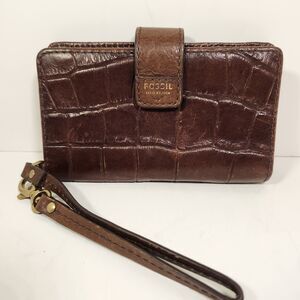 Fossil Wallet Womens Moc Croc Leather Brown Wristlet 6" X 3" Gold Hardware